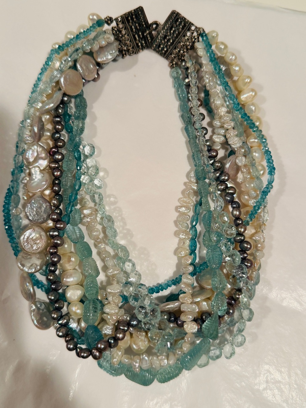 Layered Aqua and Pearl Multi-Strand Statement Necklace